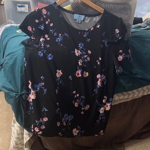 CeCe Black Blouse with Pink and Blue Floral Design